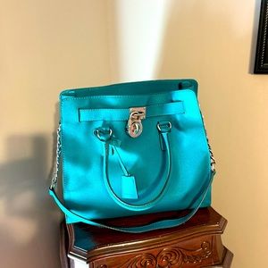 Michael Kors Hamilton Teal Large Saffron Leather Padlock Chain Tote  Bag